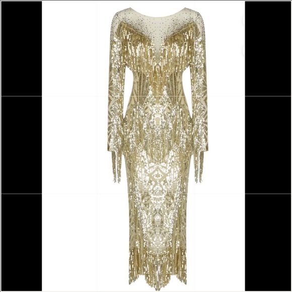 Gold Sequins Fringe Luxe Midi Dress - Picture 6 of 7